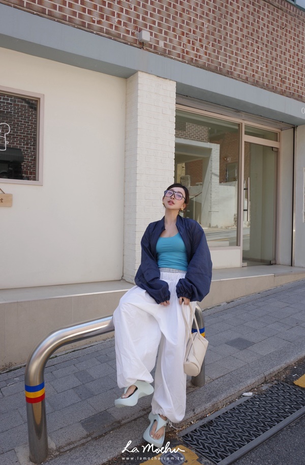 拼接格紋褲頭壓褶長褲